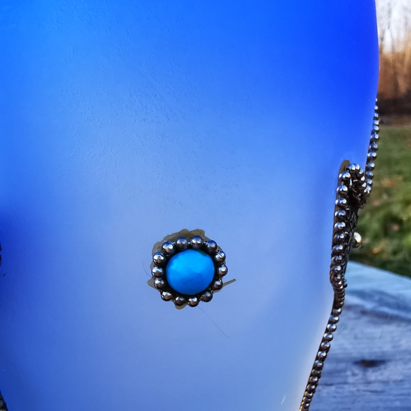 Vintage Blue Ombre Frosted Satin Art Glass Vase with Applied Metal Accents - Picture 8 of 17